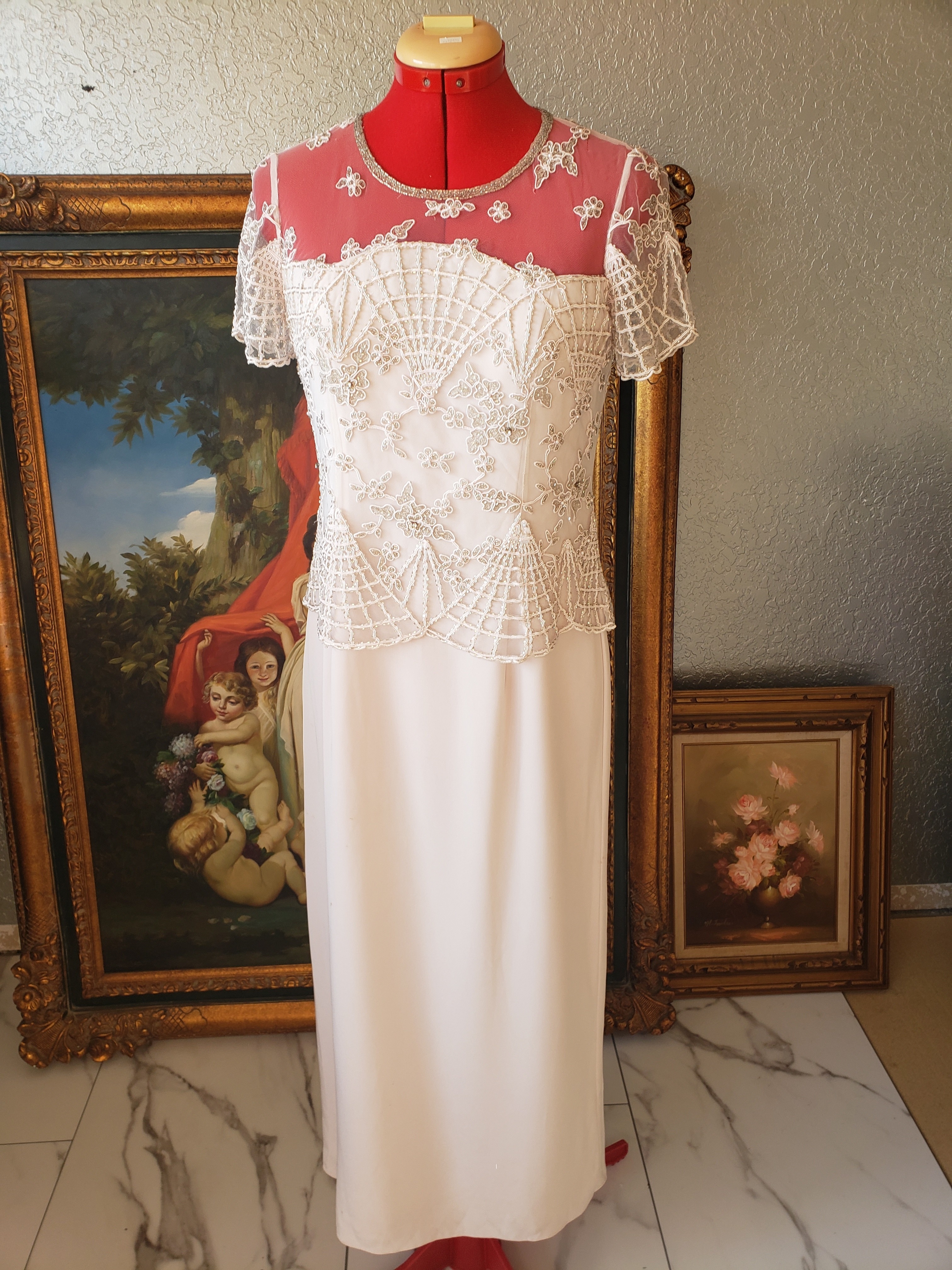 Montage By Mon Cheri Ivory Beaded Lace Midi Dress With Sheer Yoke